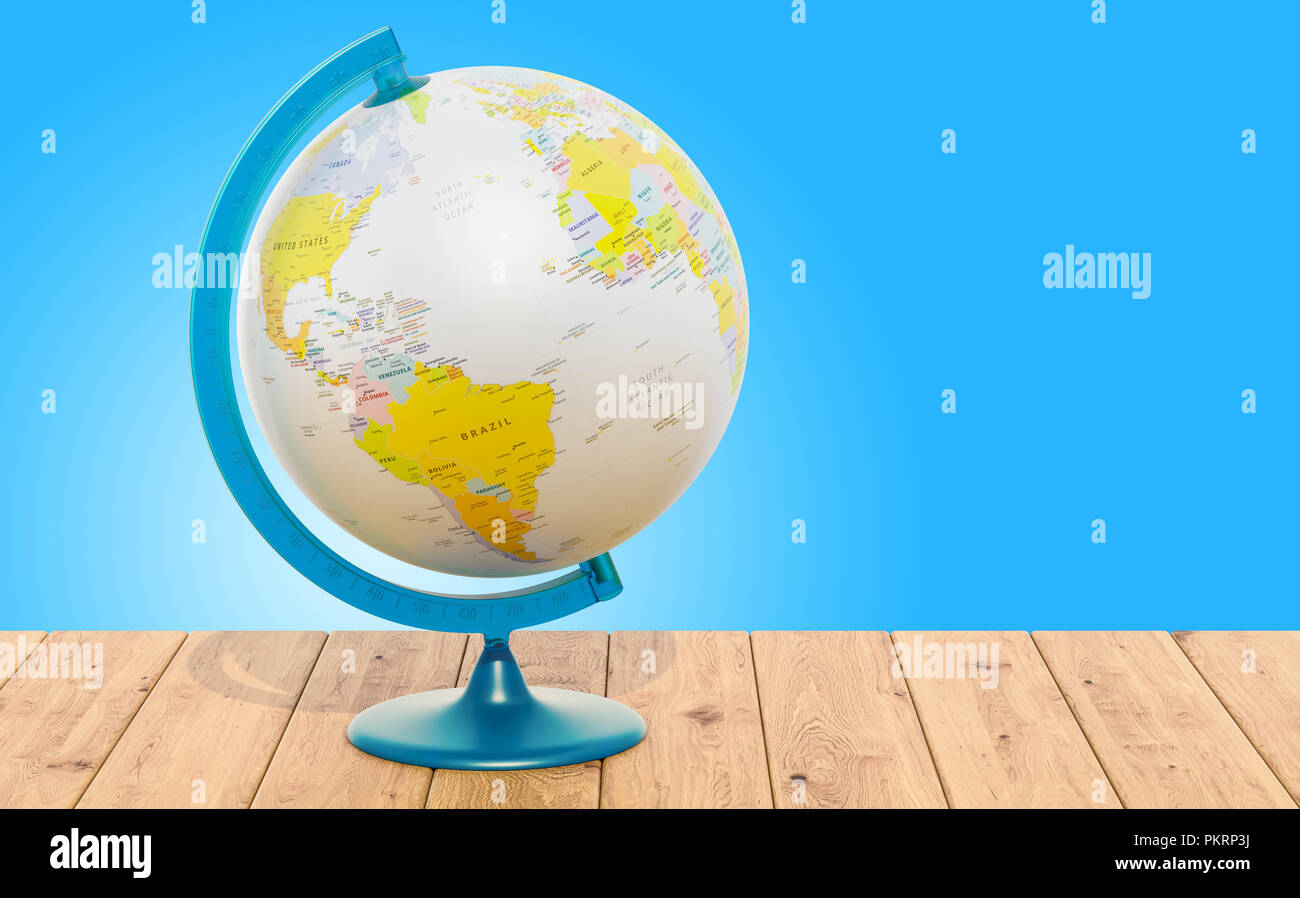 Geographical globe of Earth on the wooden table. 3D rendering Stock Photo