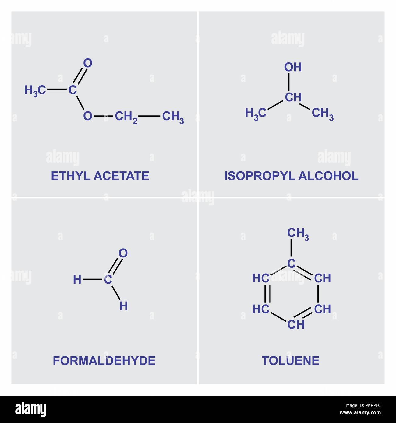 A set of structural chemical formulas of four substances Stock Vector