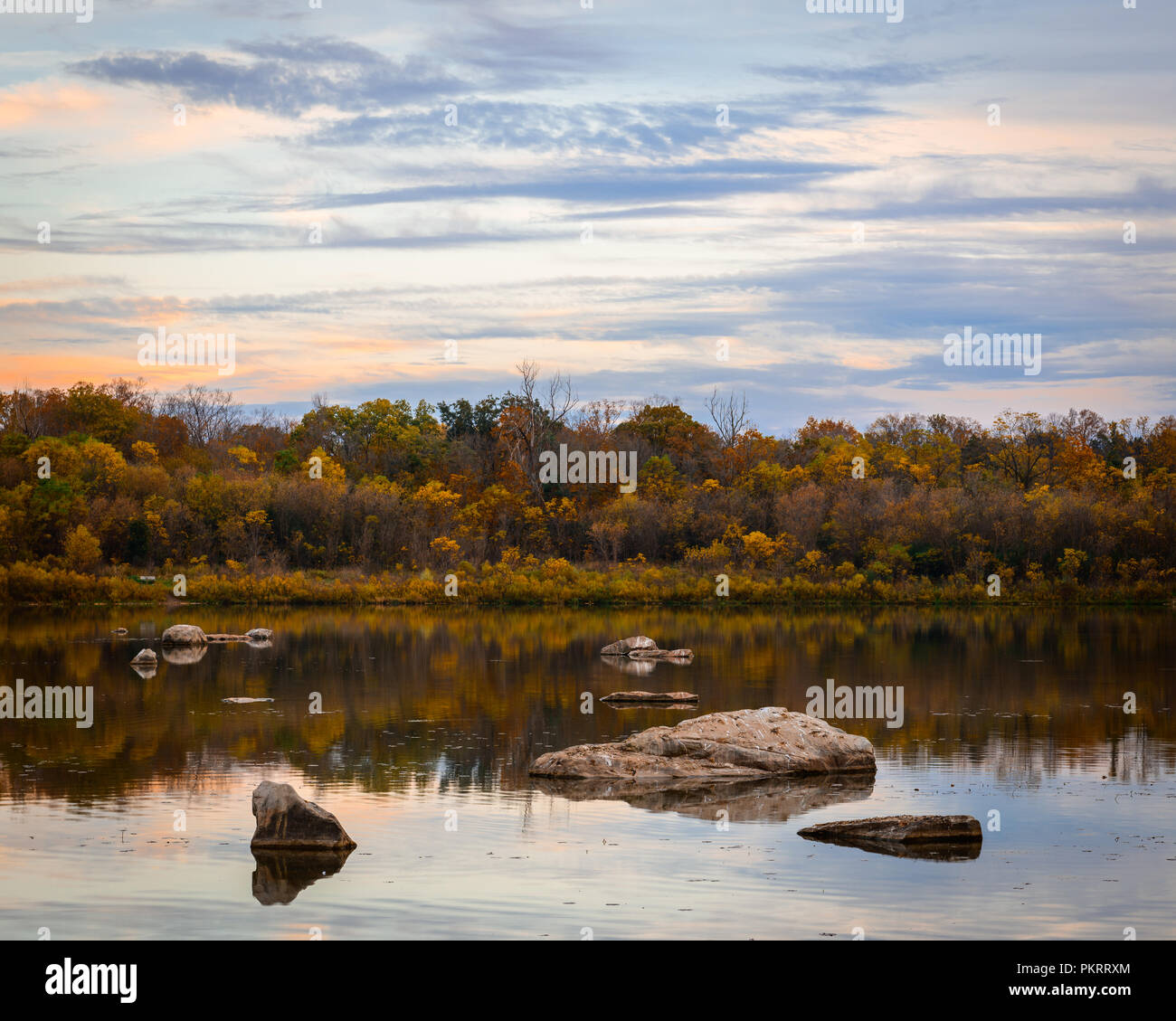 Sunset With A Forest With Fall Colours Along A River With Rocks And Reflections And Wispy Clouds Stock Photo
