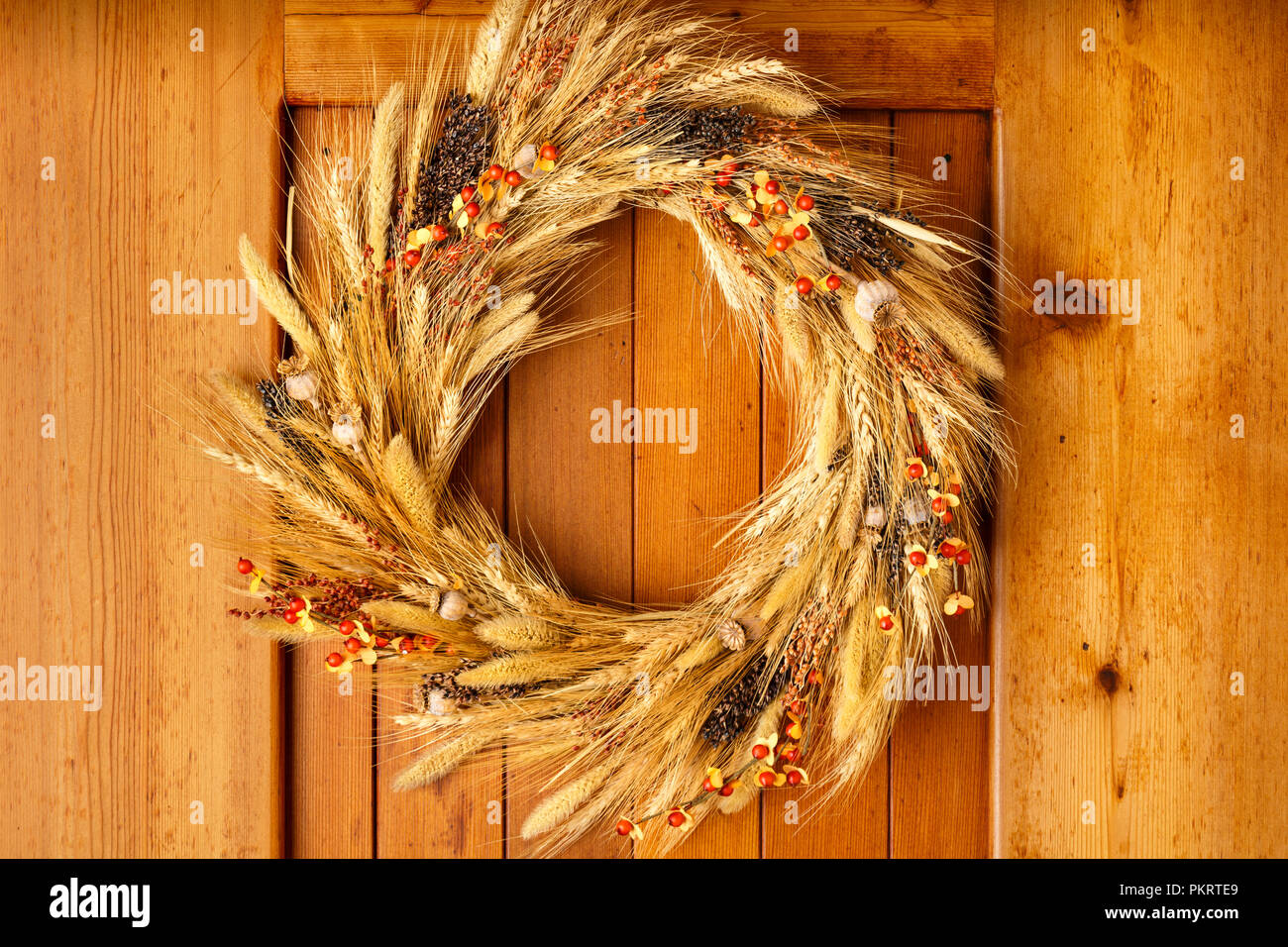 House home front door Fall autumn Thanksgiving decorations country style rustic wreath made of natural botanical materials on wood background Stock Photo