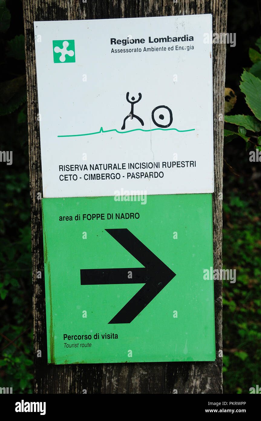 Italy, Lombardy, Valcamonica, Foppi di Nadro, Riserva Naturale Incisioni Rupestri sign. Stock Photo