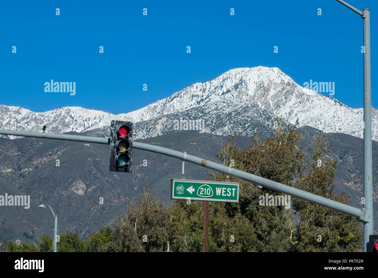 Los Angeles, JAN 29 The beautiful snowy Mt. Baldy and traffic lights