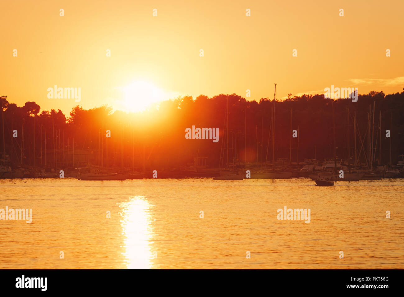 Sunset at Marina in Adriatic Sea in Pula, Croatia. Stock Photo