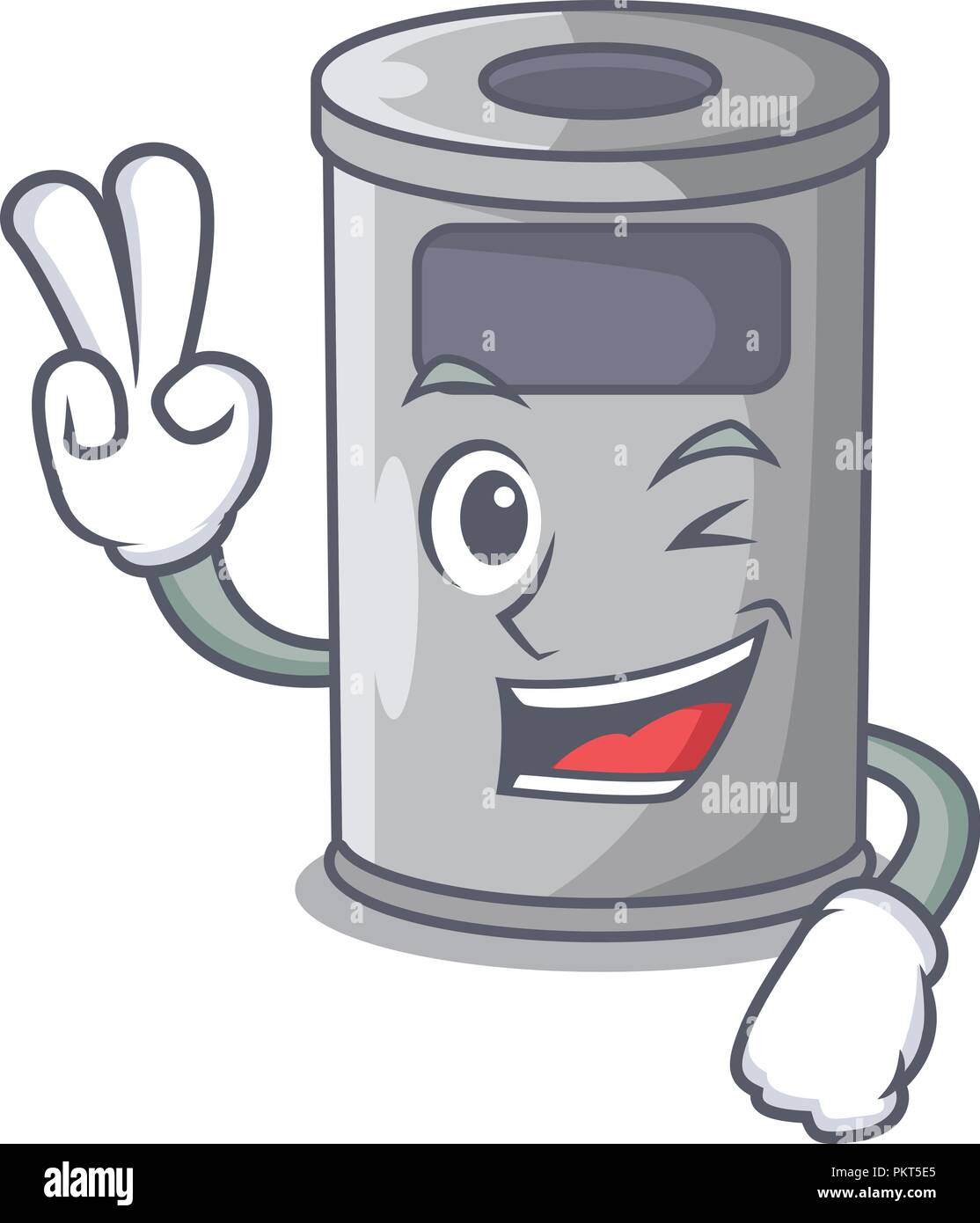 Two finger cartoon steel trash can in the door Stock Vector