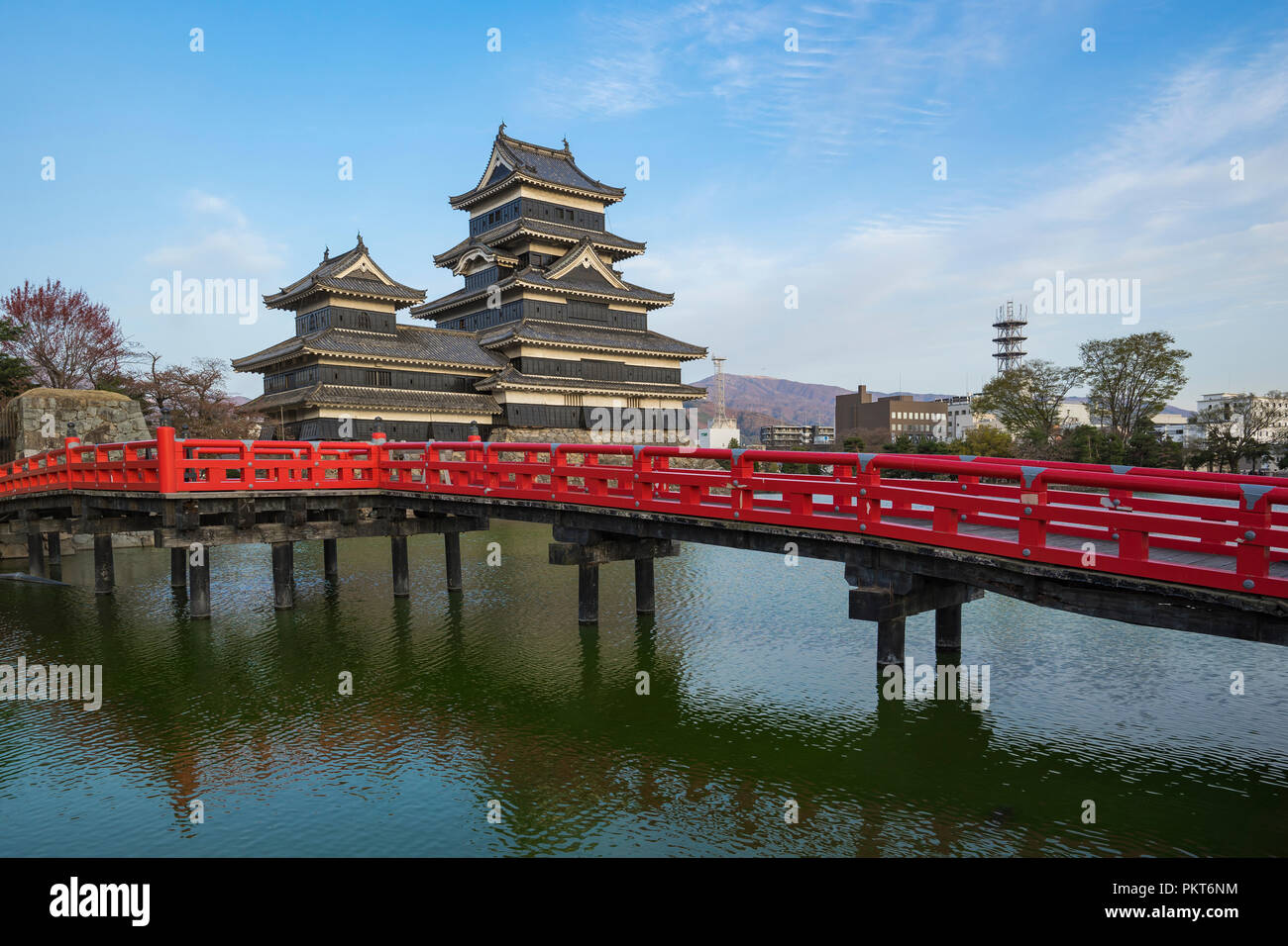 Matsumoto Castle with red bridge the famous place in Nagano, Japan. Stock Photo