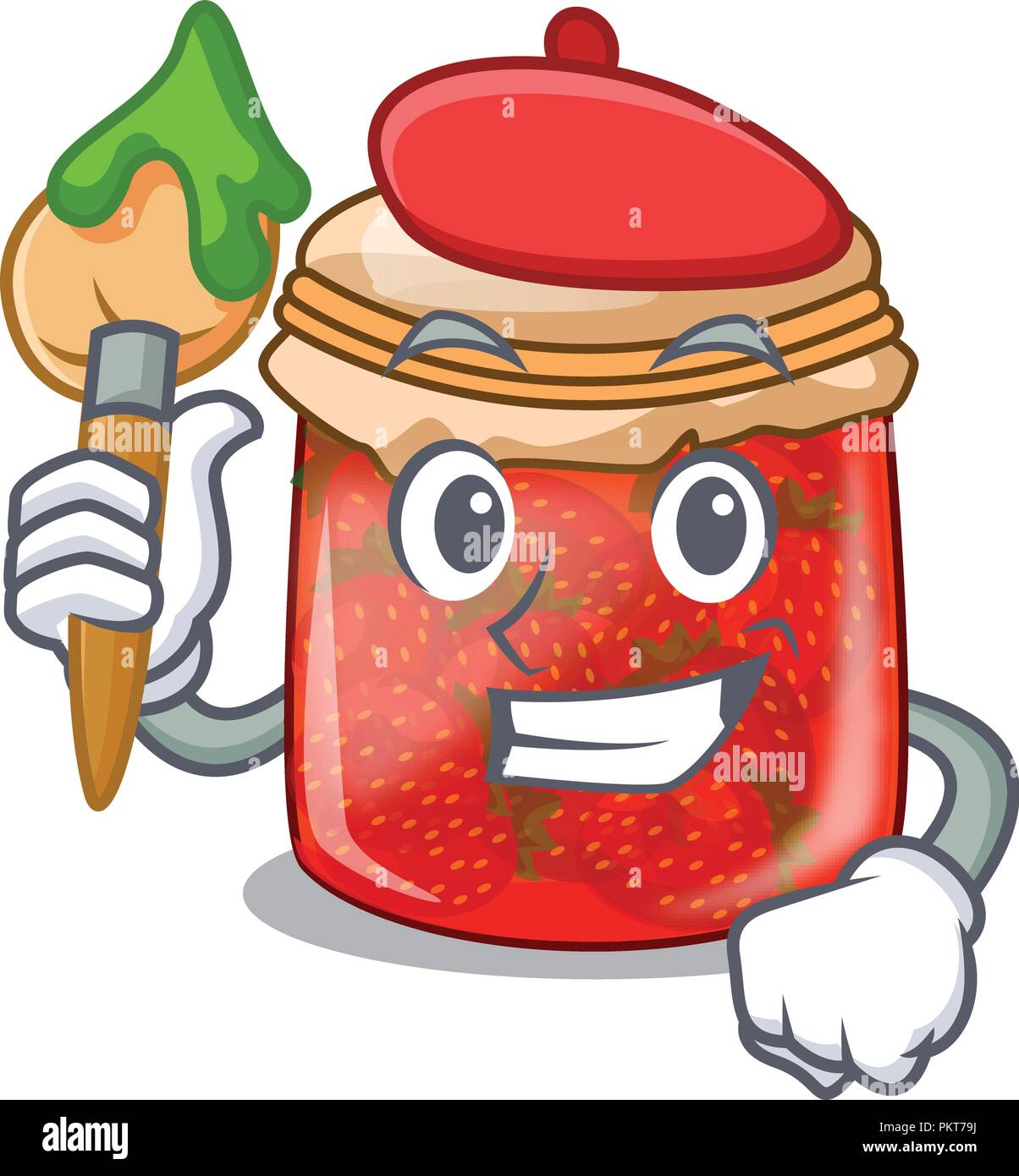Artist character homemade strawberry marmalade in the jar Stock Vector