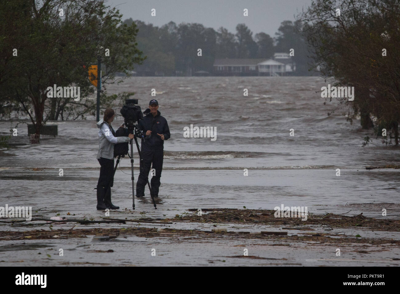 New Bern, NC, USA. 14th Sep, 2018. A live TV report is dispatched from downtown New Bern, NC, which was hit hard by Hurricane Florence, September 14, 2018. Credit: Michael Candelori/ZUMA Wire/Alamy Live News Stock Photo