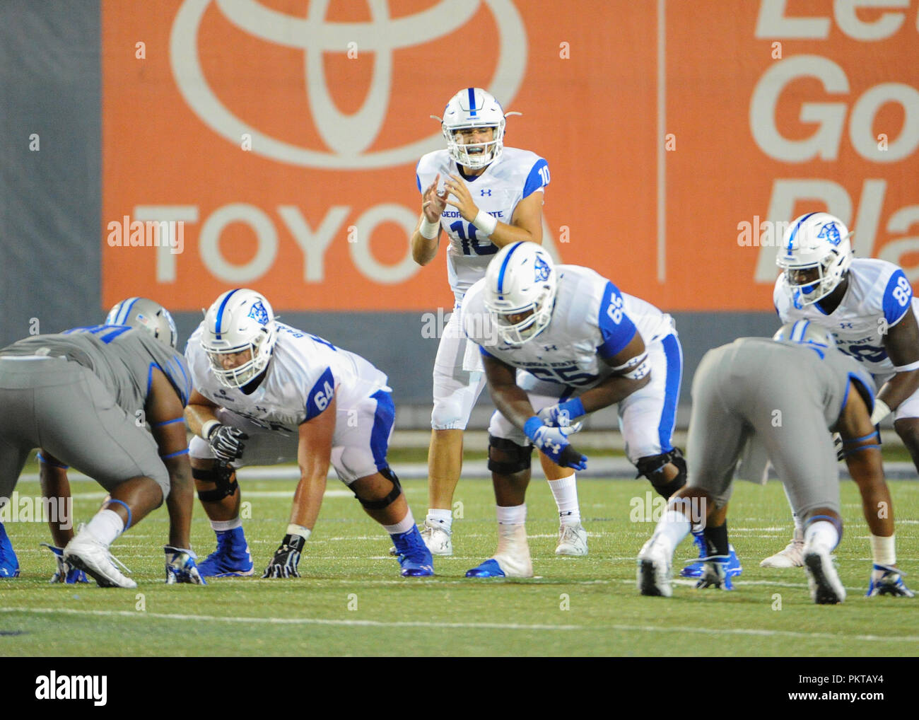 Memphis, TN, USA. 14th Sep, 2018. Georgia State QB, Jack Walker (10), prepares to take the snap during the NCAA Division I match-up at Liberty Bowl Stadium in Memphis, TN. Memphis defeated Georgia State, 59-22. Kevin Langley/CSM/Alamy Live News Stock Photo