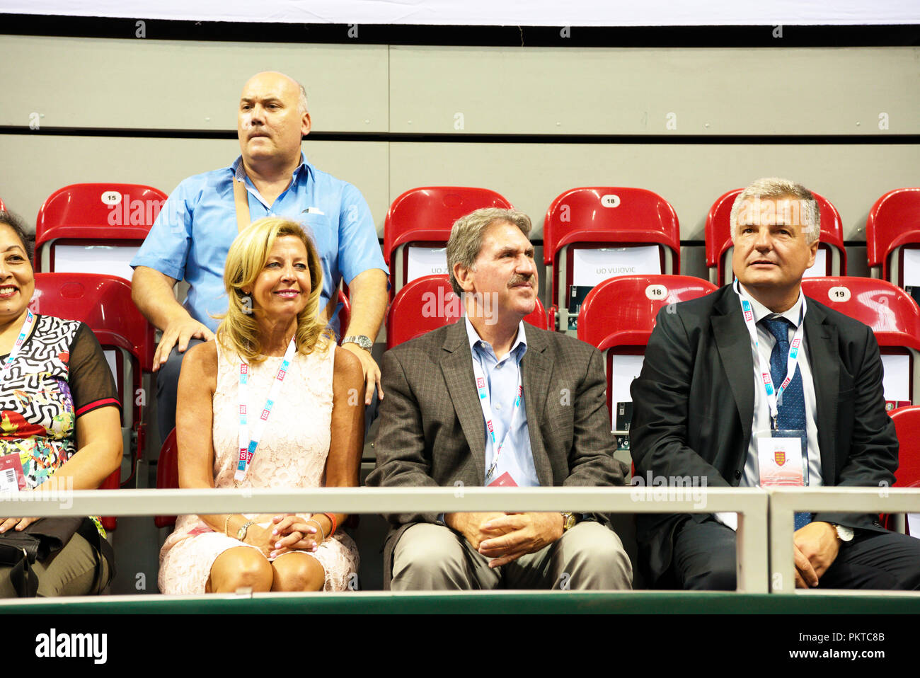 Kraljevo, Serbia. 14th September 2018. International Tennis Federation ITF President David Haggerty and wife at the first day's play of the Davis Cup 2018 Tennis World Group Play-off Round at the Sportski Center Ibar in Kraljevo, Serbia. Credit: Karunesh Johri/Alamy Live News Stock Photo