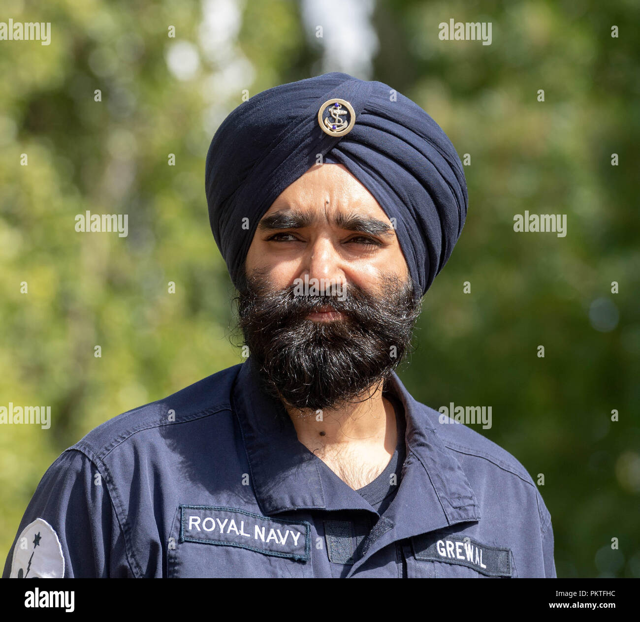 London 15th September 2018 UK Army open day to mark annual Saragarhi Commemorations This celebrates an epic battle where 21 Sikh soldiers took a last stand against 10,000 enemy tribesmen in 1897  A sikh navy rating at the event Credit Ian Davidson/Alamy Live News Stock Photo