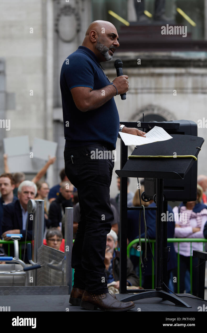London, UK. -15th September 2018: Asad Rehman, Director of the anti-poverty charity War on Want, speaking at the Change Finance Rally outside the Royal Exchange in the City of London. Credit: Kevin Frost/Alamy Live News Stock Photo