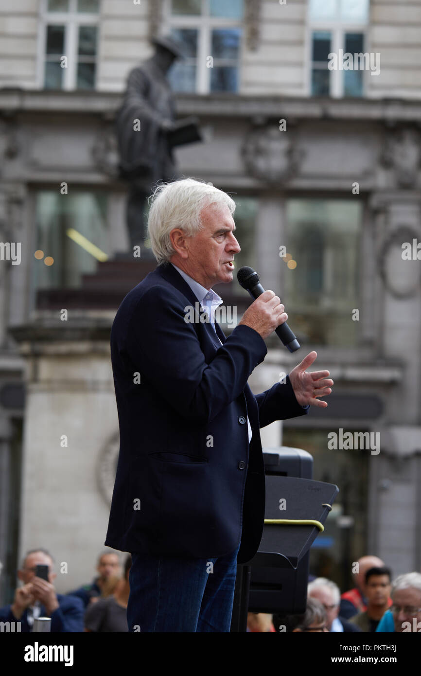 London, UK. - 15th September 2018: John McDonnell, British Labour Party politician and Shadow Chancellor of the Exchequer speaking at the Change Finance Rally outside the Royal Exchange in the City of London. Credit: Kevin Frost/Alamy Live News Stock Photo