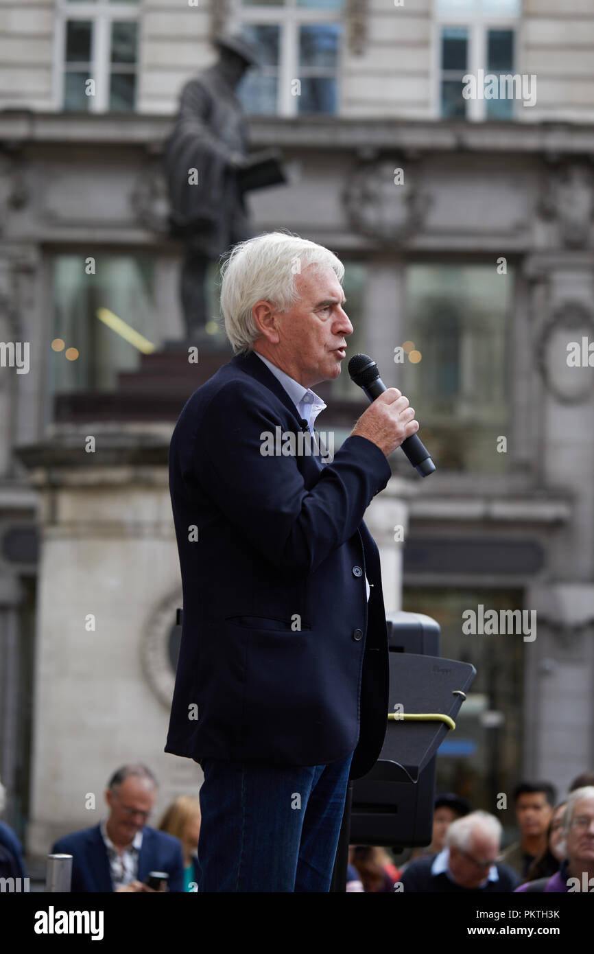 London, UK. - 15th September 2018: John McDonnell, British Labour Party politician and Shadow Chancellor of the Exchequer speaking at the Change Finance Rally outside the Royal Exchange in the City of London. Credit: Kevin Frost/Alamy Live News Stock Photo