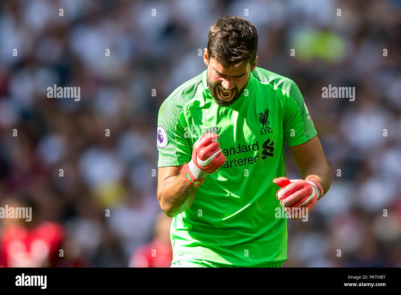 London, UK. 15th Sep 2018. Alisson Becker of Liverpool celebrates his ...