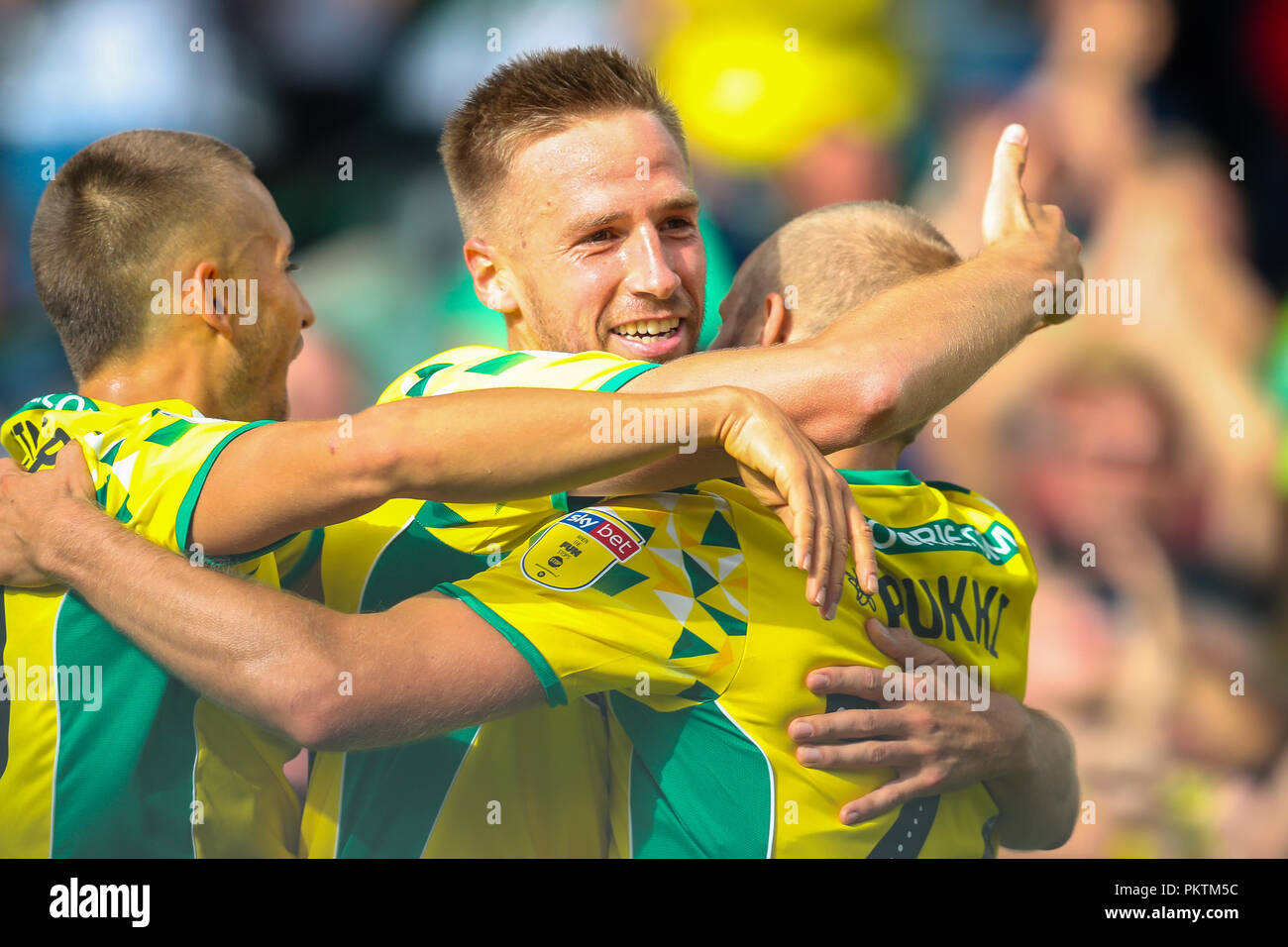 Carrow Road, Norfolk, UK. 15th Sep 2018. Sky Bet EFL Championship Norwich City v Middlesbrough ;  Norwich celebrate their winning goal.    EDITORIAL USE ONLY No use with unauthorised audio, video, data, fixture lists, club/league logos or 'live' services. No use in betting, games or single club/league/player publications and all English Football League images are subject to DataCo Licence Credit: News Images /Alamy Live News Stock Photo
