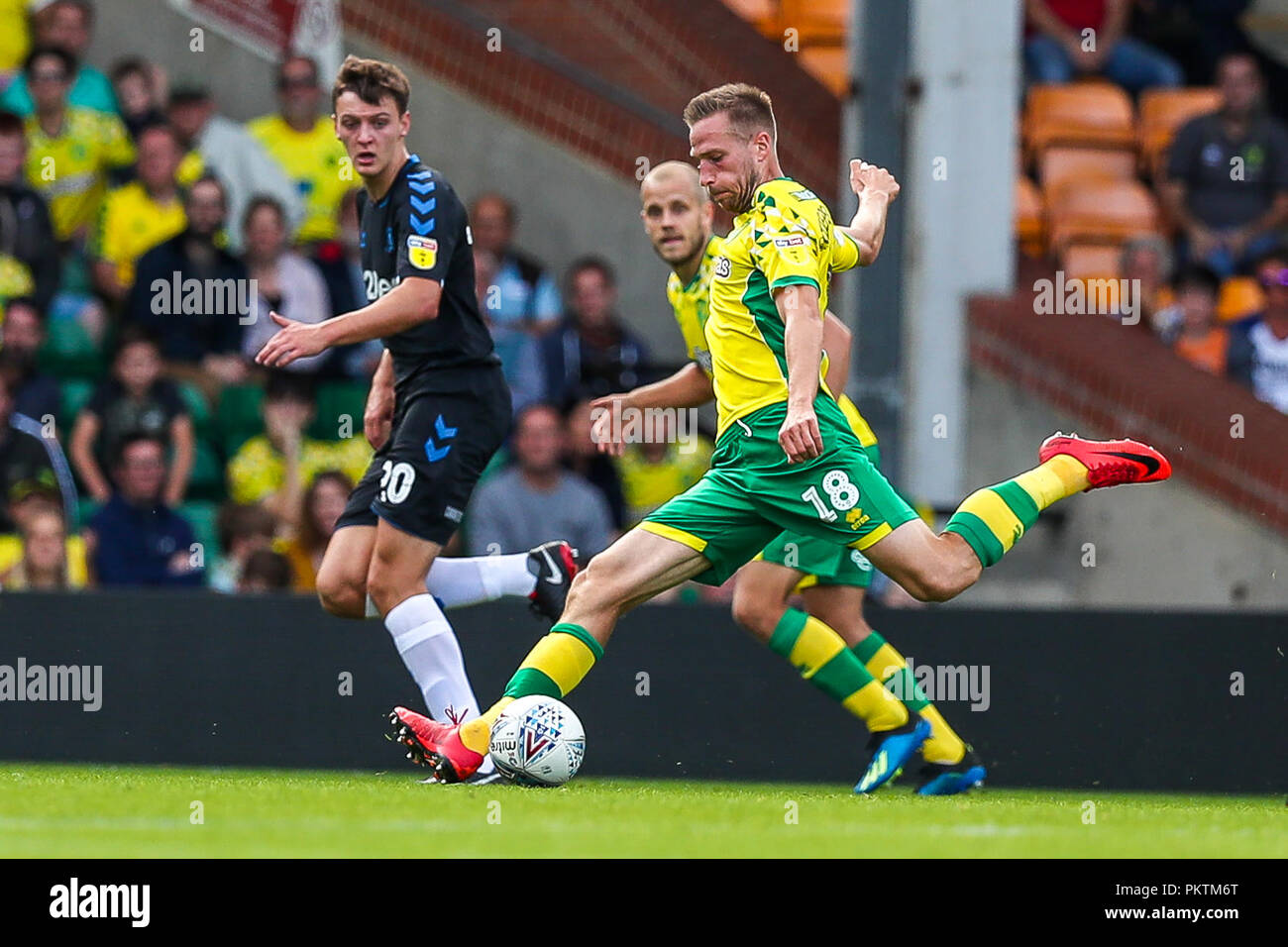 Carrow Road, Norfolk, UK. 15th Sep 2018. Sky Bet EFL Championship Norwich City v Middlesbrough ;   Marco Stiepermann of Norwich clears the ball against Middlesborough.   EDITORIAL USE ONLY No use with unauthorised audio, video, data, fixture lists, club/league logos or 'live' services. No use in betting, games or single club/league/player publications and all English Football League images are subject to DataCo Licence Credit: News Images /Alamy Live News Stock Photo