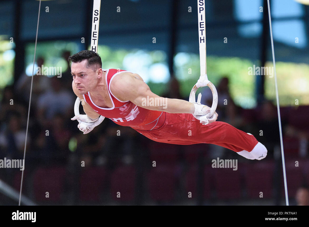 Stuttgart, Deutschland. 15th Sep, 2018. Andreas Toba (Hannover) at the rings. GES/Gymnastics/1st World Cup qualification, 15.09.2018 - | usage worldwide Credit: dpa/Alamy Live News Stock Photo