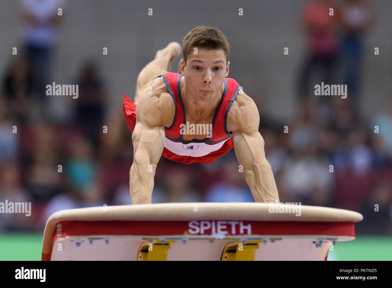 Stuttgart, Deutschland. 15th Sep, 2018. Philipp Herder (Berlin) at the jump. GES/Gymnastics/1st World Cup qualification, 15.09.2018 - | usage worldwide Credit: dpa/Alamy Live News Stock Photo