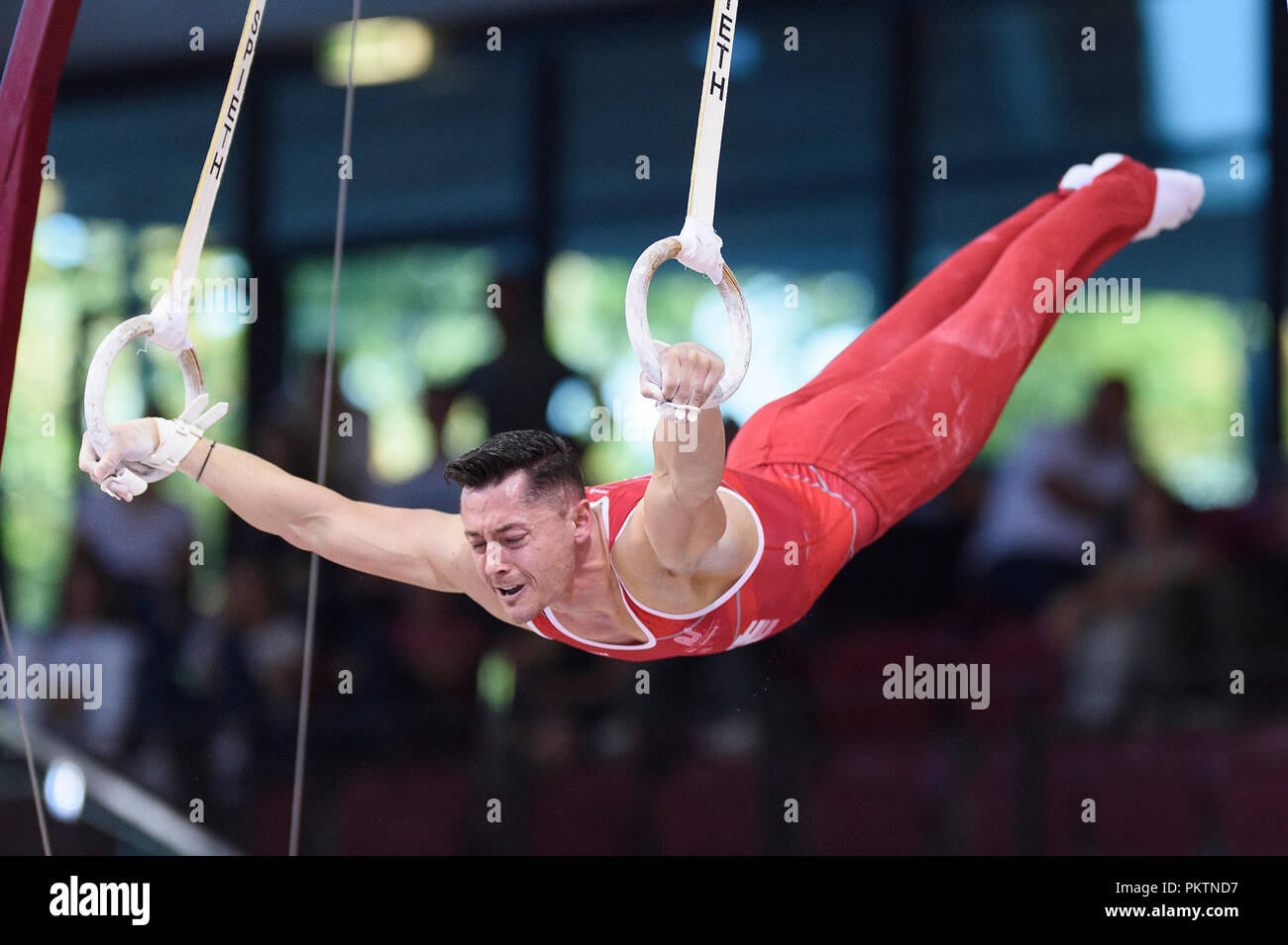 Stuttgart, Deutschland. 15th Sep, 2018. Andreas Toba (Hannover) at the rings. GES/Gymnastics/1st World Cup qualification, 15.09.2018 - | usage worldwide Credit: dpa/Alamy Live News Stock Photo