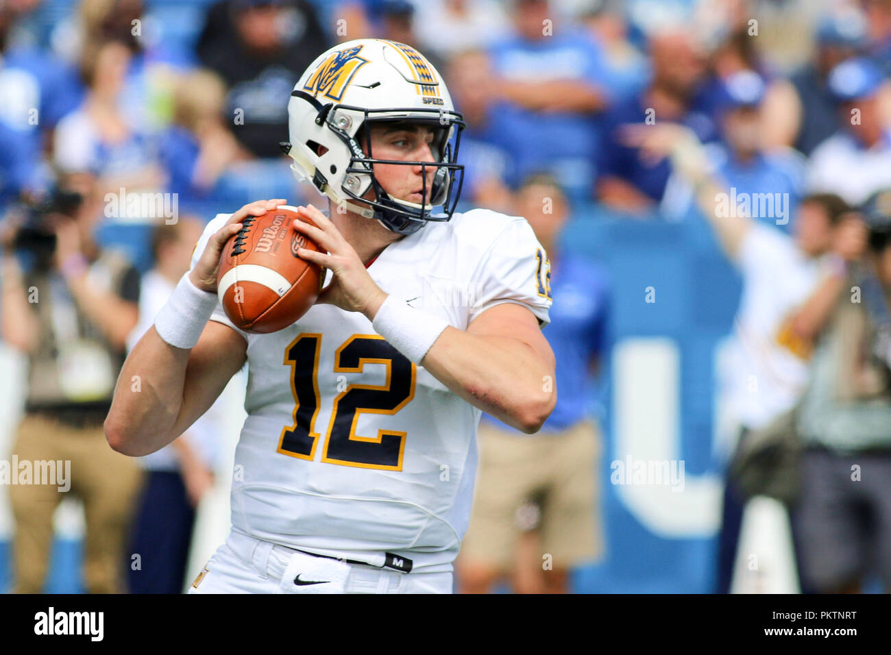 Lexington, Kentucky, USA. 15th Sep, 2018. Murray State Racers QB Drew Anderson prepares to throw during an NCAA football game between the Kentucky Wildcats and the Murray State Racers at Kroger Field in Lexington, Kentucky. Kevin Schultz/CSM/Alamy Live News Stock Photo