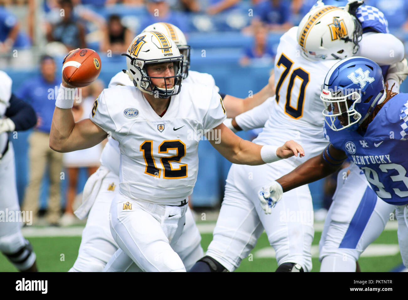 Lexington, Kentucky, USA. 15th Sep, 2018. Murray State Racers QB Drew Anderson throws the ball during an NCAA football game between the Kentucky Wildcats and the Murray State Racers at Kroger Field in Lexington, Kentucky. Kevin Schultz/CSM/Alamy Live News Stock Photo
