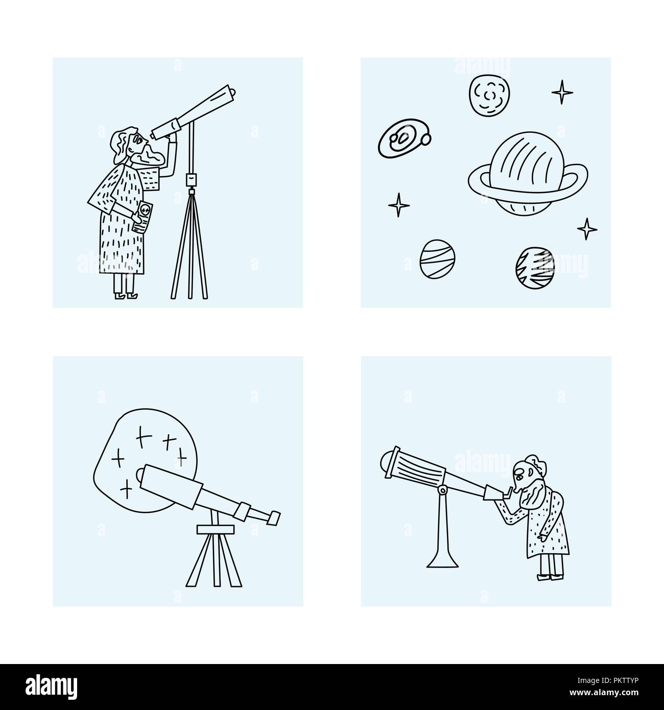 Vector square set design of astronomer and astronomic objects. Stock Vector