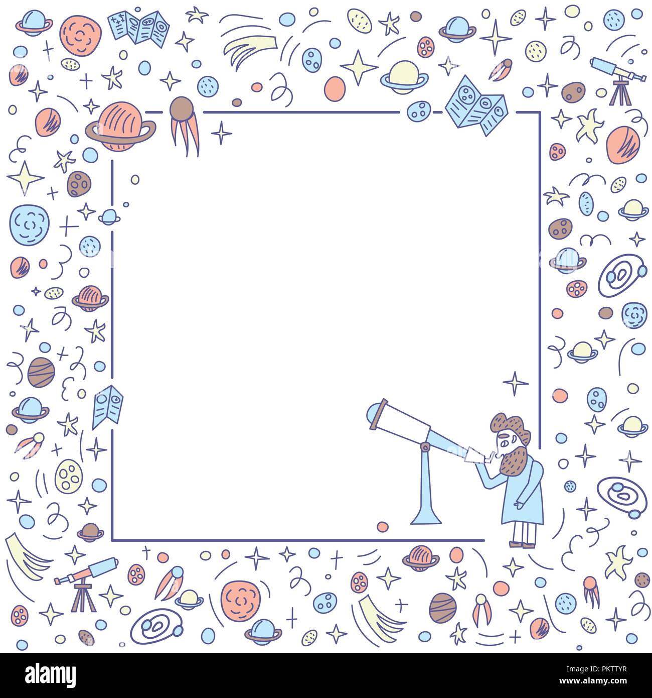 Vector design of astronomer and astronomic objects. Frame composition with empty space for text. Stock Vector