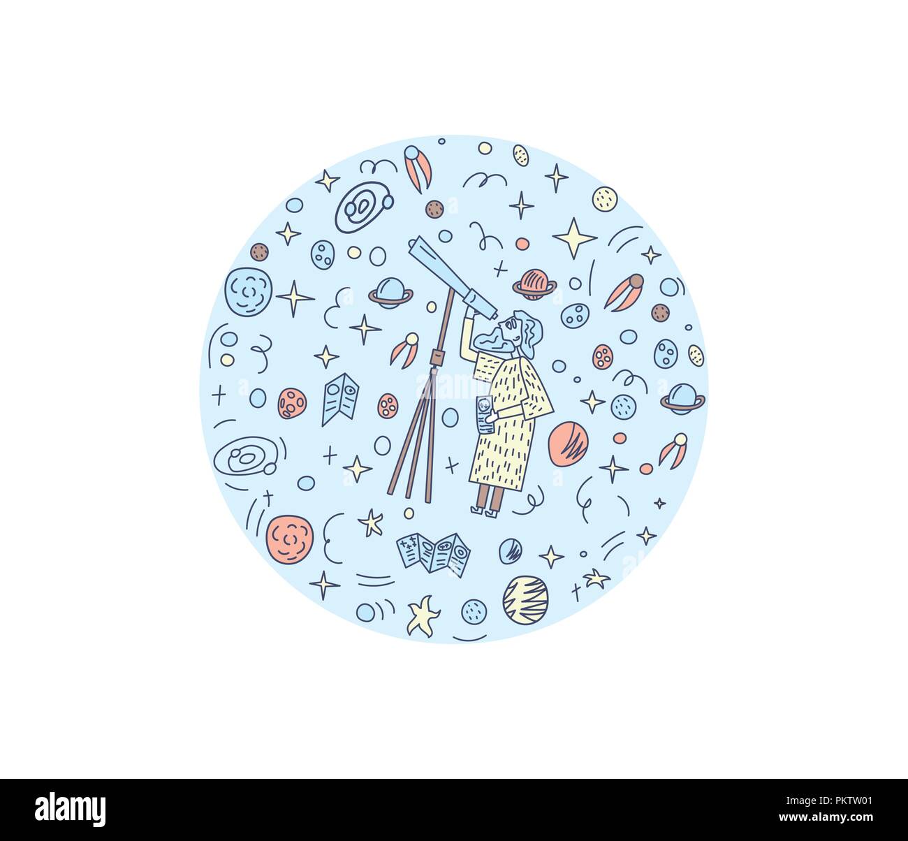 Vector round design composition of astronomer and astronomic objects. Stock Vector
