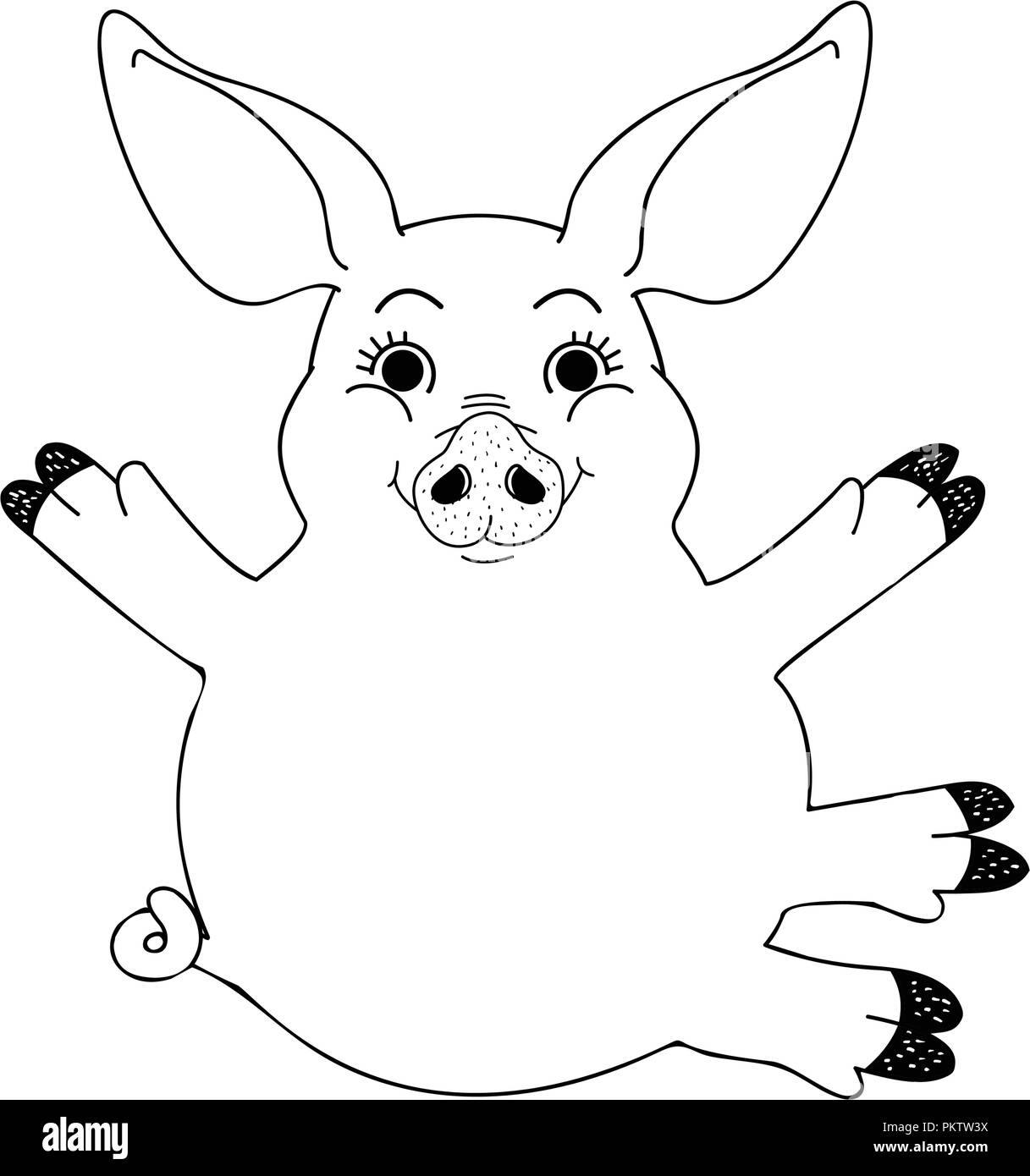 Black and white cute pink piggy with hug gesture isolated on white background. Sign of 2019 new year. Stock Vector