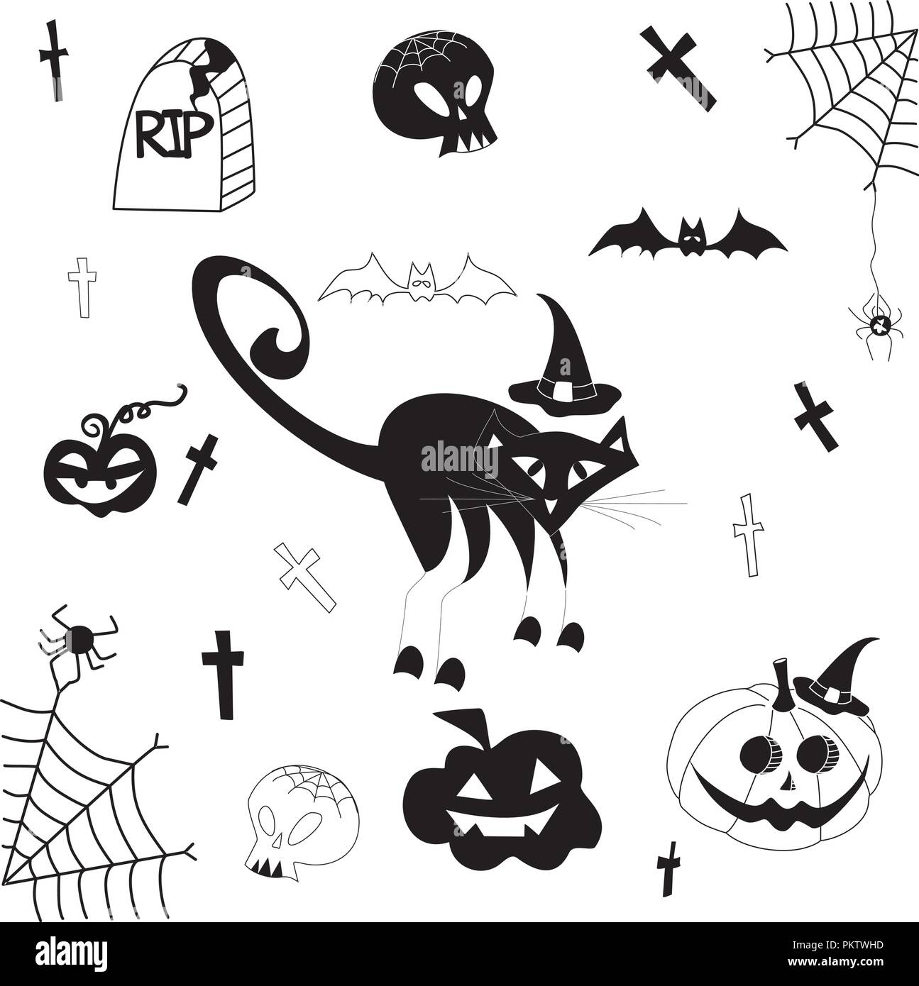 Halloween background with pumpkins, cats, bats and skulls. Stock Vector