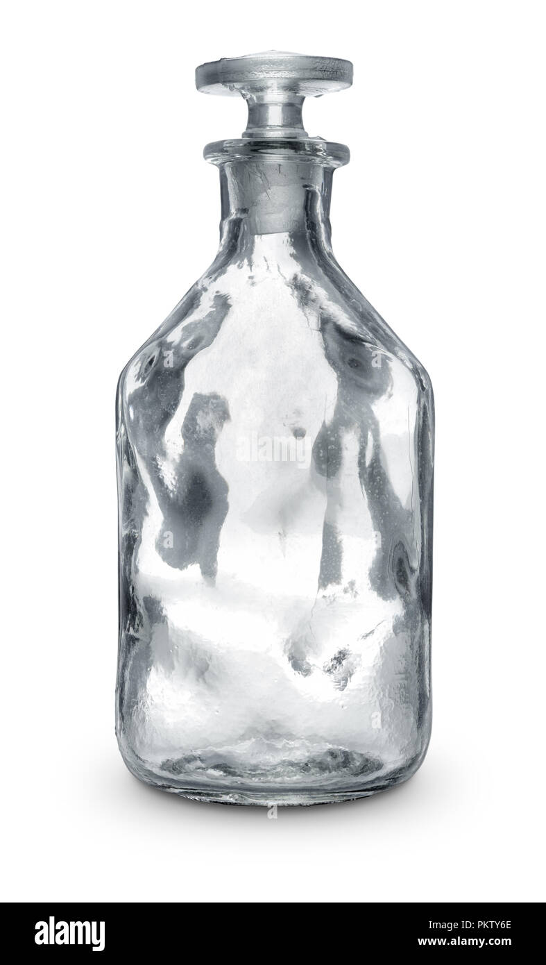 Isolated objects: empty glass bottle, unlabeled, pharmaceutical or medical, closeup shot on white background Stock Photo