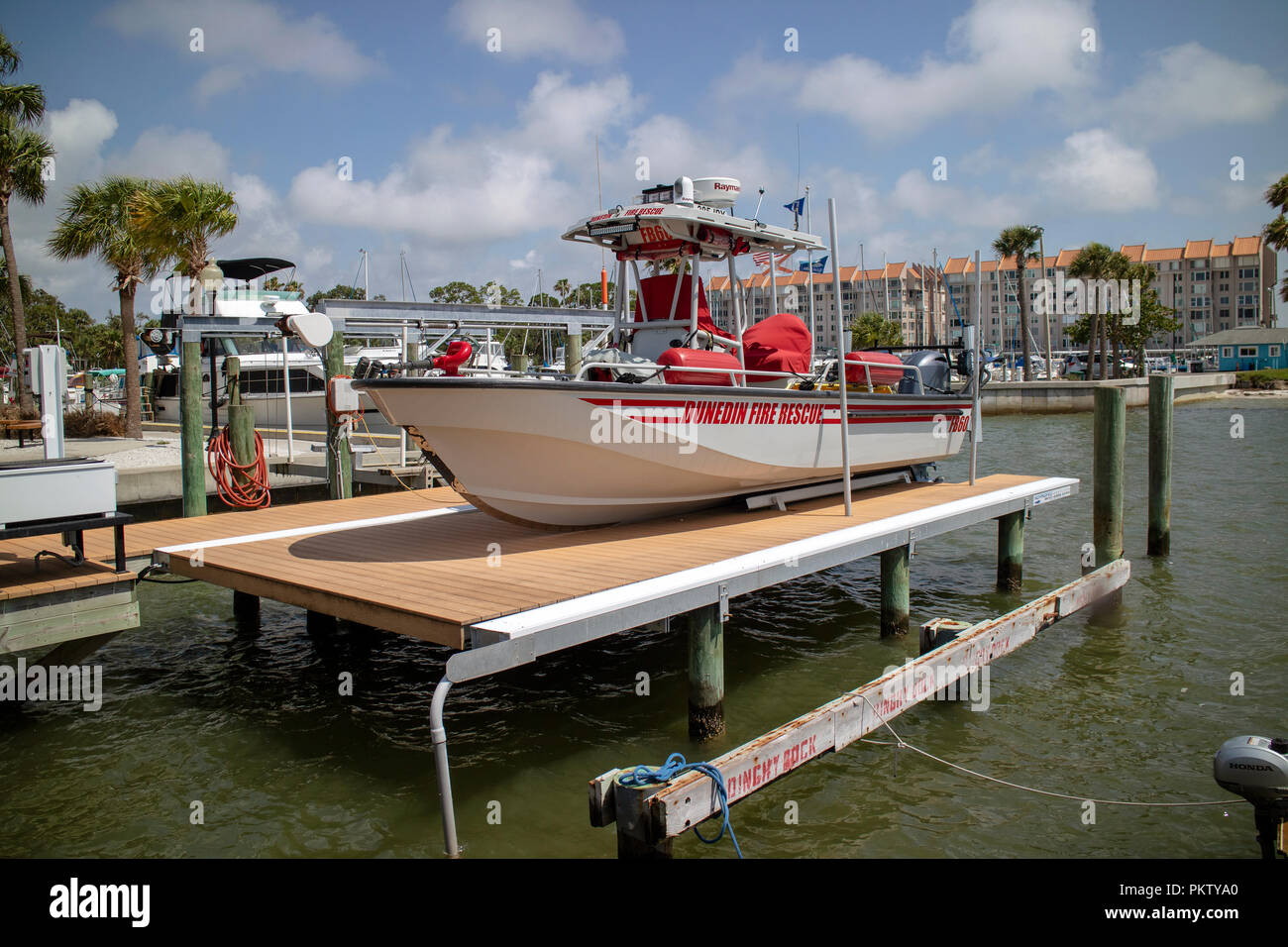 Dunedin, Florida, USA. A Dunedin Fire Rescue, boat out of the water