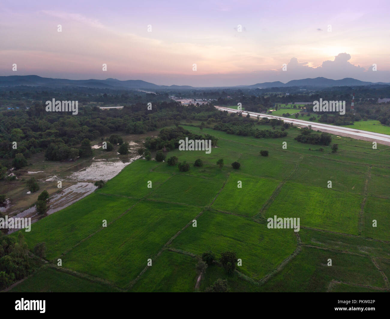 Drone shot Aerial view landscape scenic of rural agriculture rice field ...
