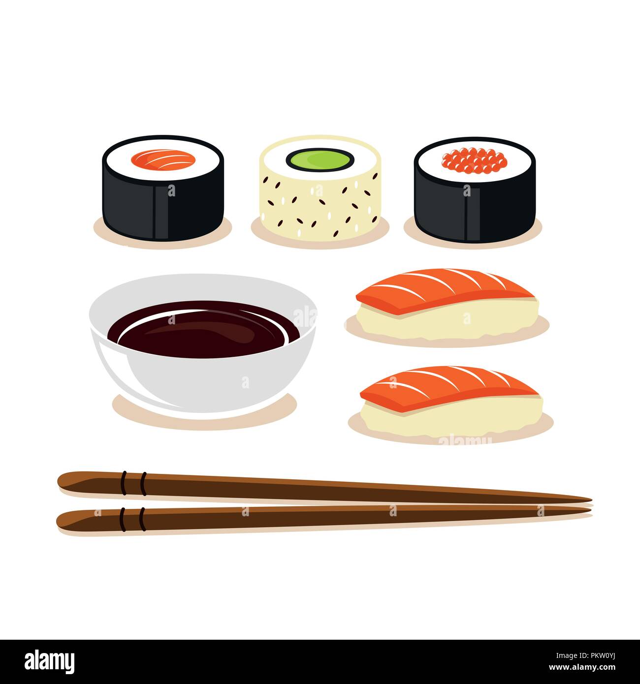 Colorful sushi set of different types chopsticks with soy sauce isolated vector illustration EPS10 Stock Vector
