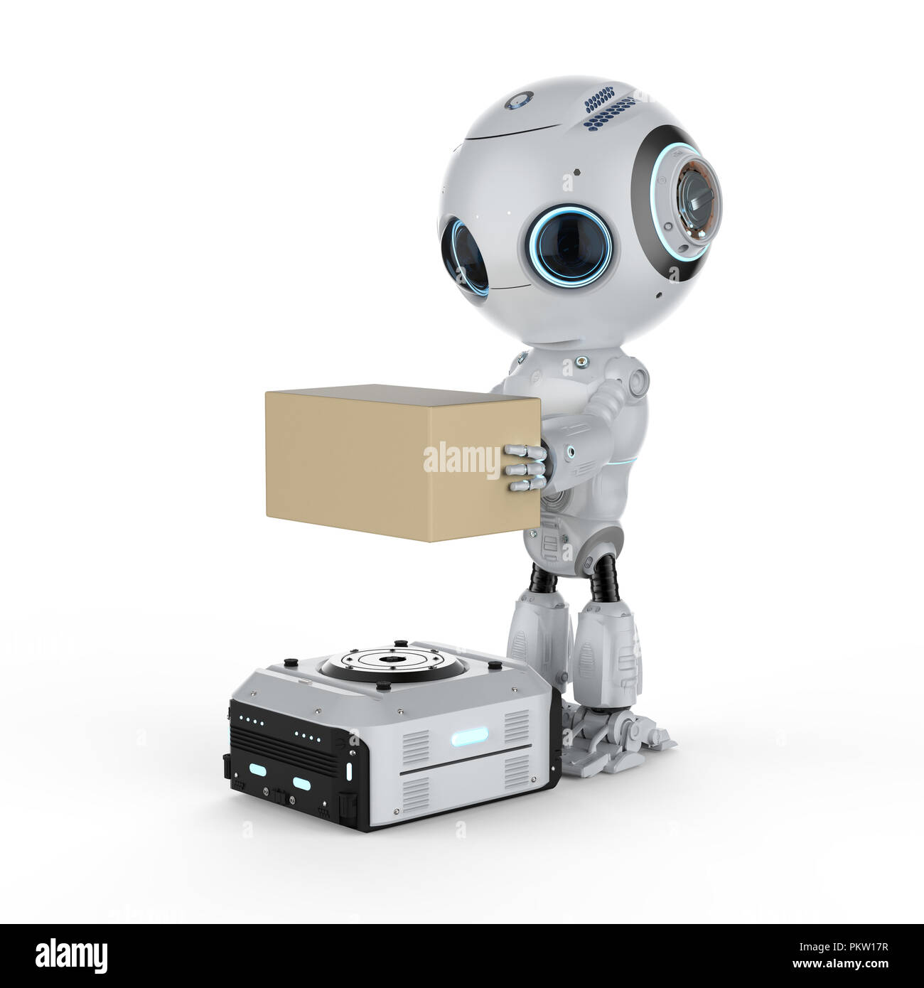 3d rendering warehouse robot carry cardboard box Stock Photo
