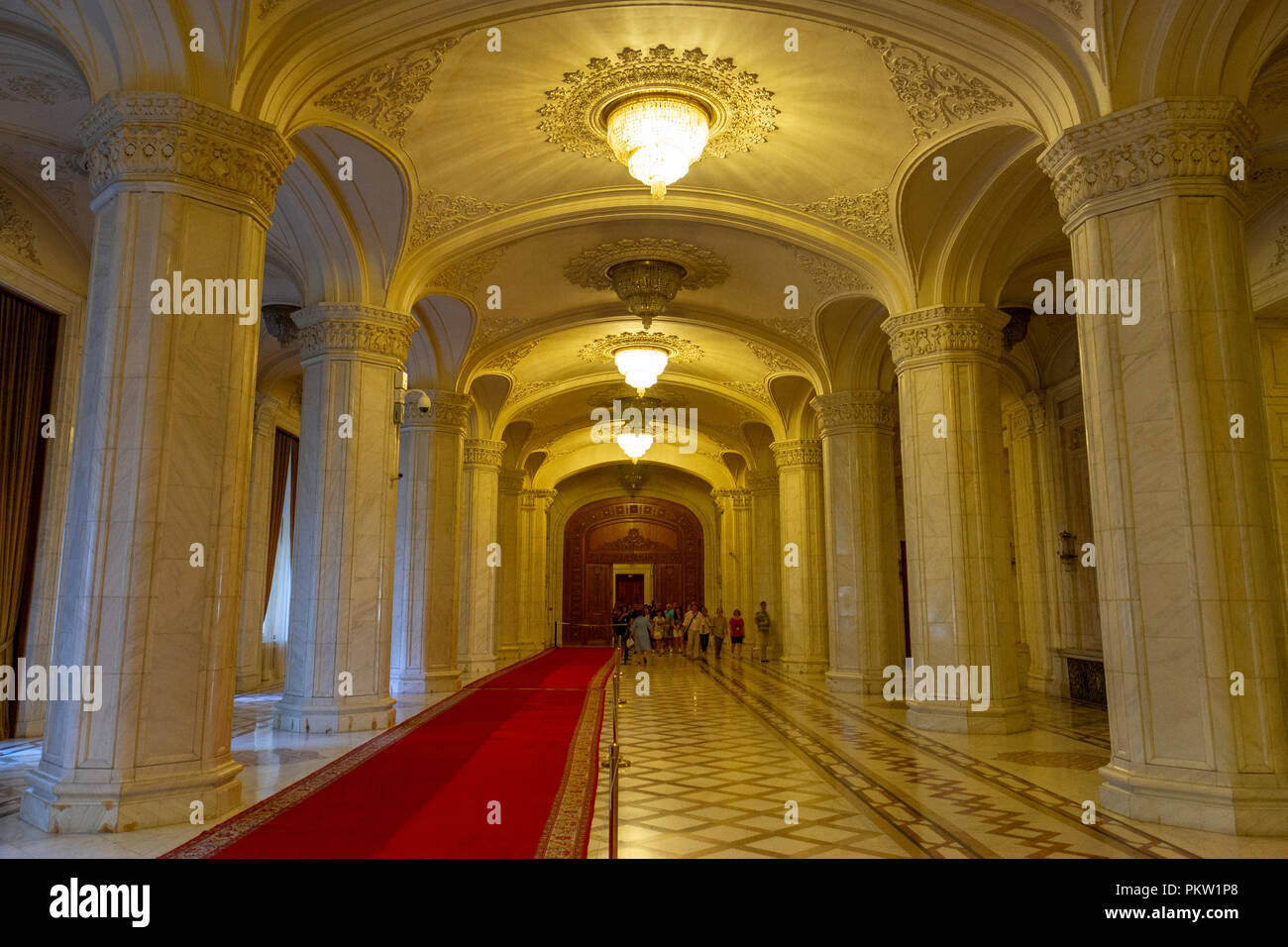 One of the many ornate corridors inside the Palace of the Parliament, House of the Republic, Bucharest, Romania. Stock Photo