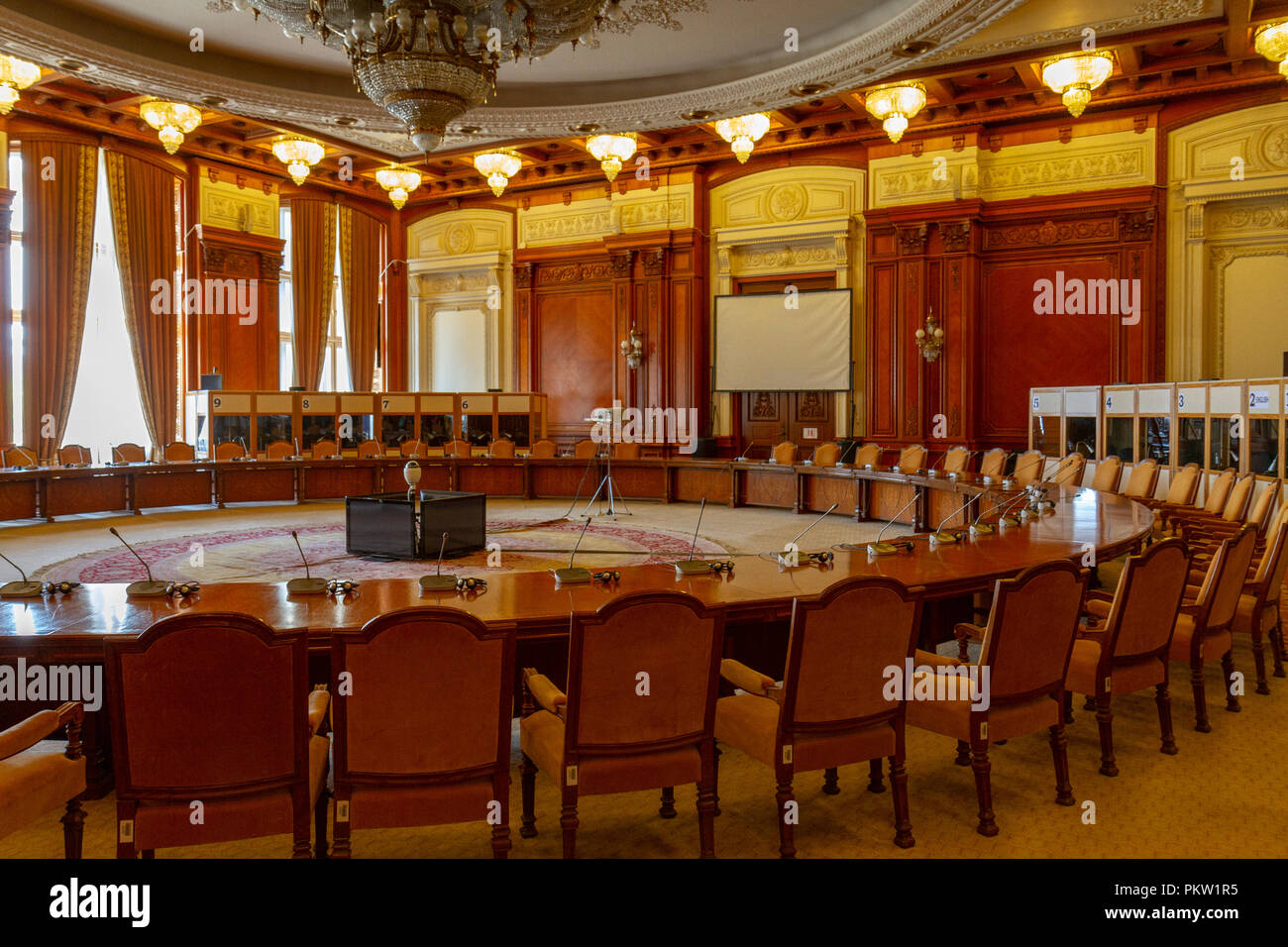 The Human Rights Hall inside the Palace of the Parliament, House of the Republic, Bucharest, Romania. Stock Photo