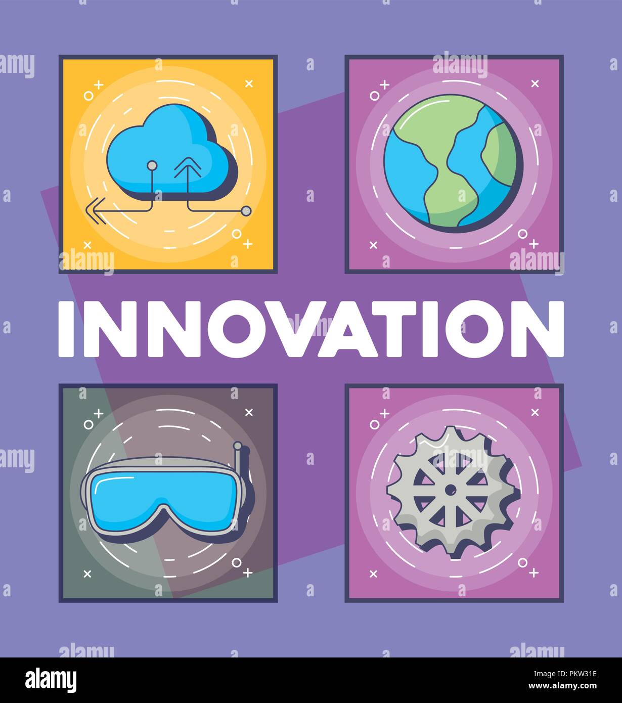 innovation and technology icon set over purple background, vector ...