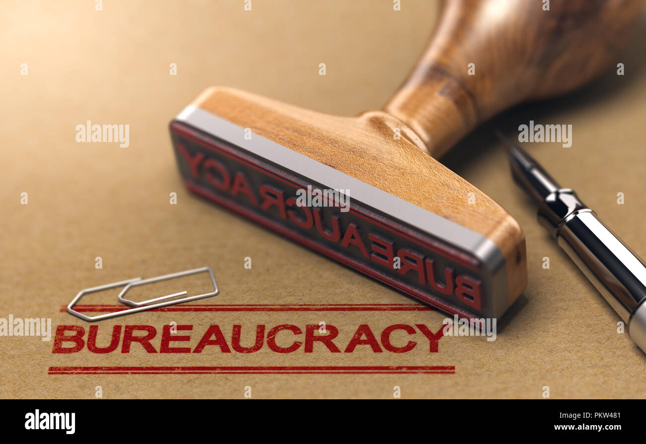 Bureaucracy words stamped on a brown paper with rubber stamp. Red tape concept. 3D illustration Stock Photo