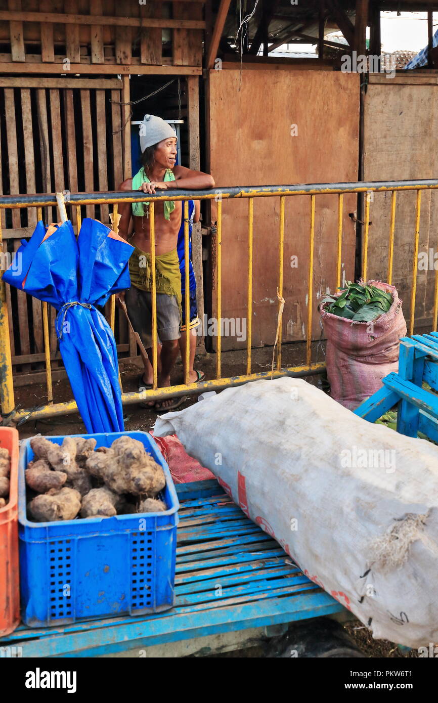 Cebu, Philippines-October 18, 2016: Porter cares for a trolley carrying ginger and big sack. Carbon Market oldest and largest farmer's market in town- Stock Photo