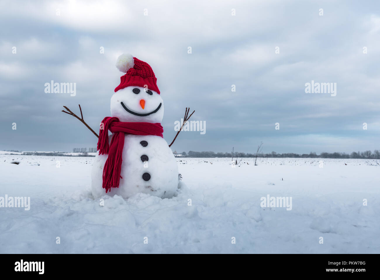 Funny snowman in red hat Stock Photo