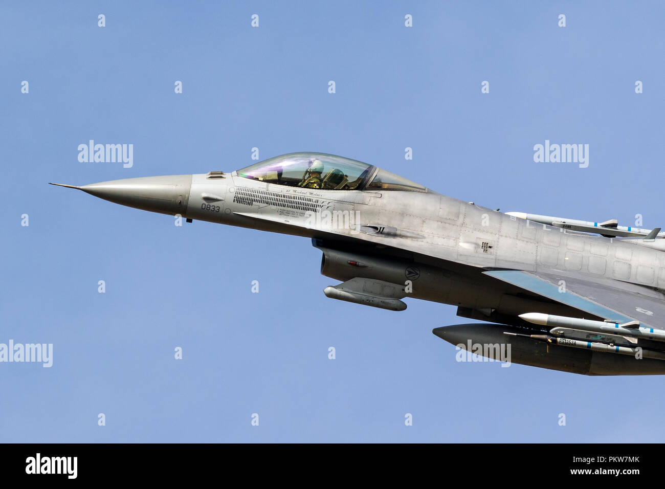 SPANGDAHLEM, GERMANY - 29 AUG, 2018: Armed US Air Force F-16C fighter jet plane from 480th Fighter Squadron with mission markings below the cokpit tak Stock Photo