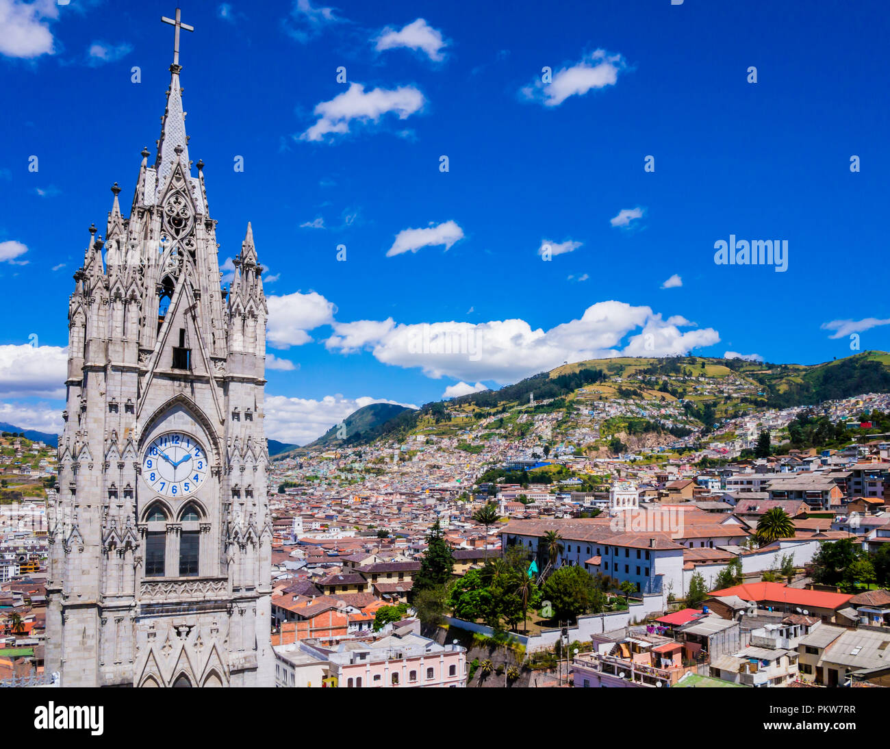 Ecuador, city view of Quito from gothic Basilica del Voto Nacional clock tower Stock Photo