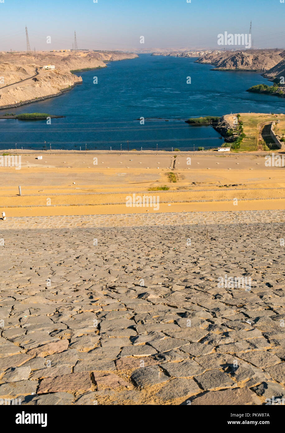Looking down Nile River from top of Aswan High Dam, River Nile, Aswan, Egypt, Africa Stock Photo