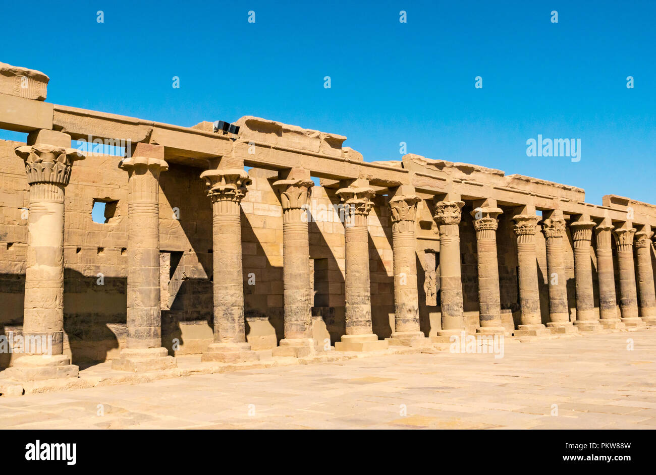 Colonnade of columns in courtyard, Temple of Philae, Agilkia Island, River Nile, Aswan, Egypt, Africa Stock Photo