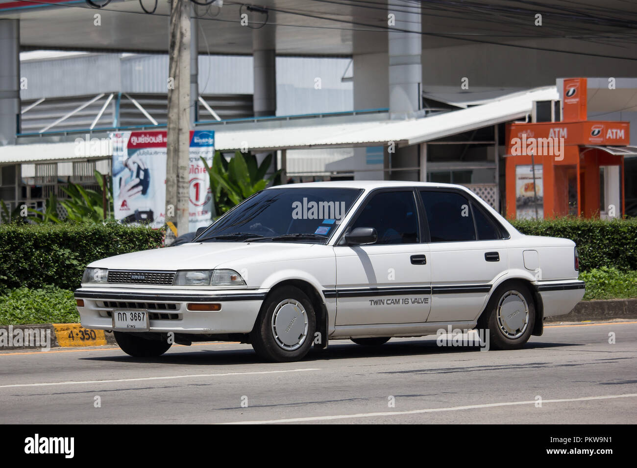 Chiangmai, Thailand - September 11 2018: Private Old car, Toyota Corolla. Photo at road no 121 about 8 km from downtown Chiangmai, thailand. Stock Photo