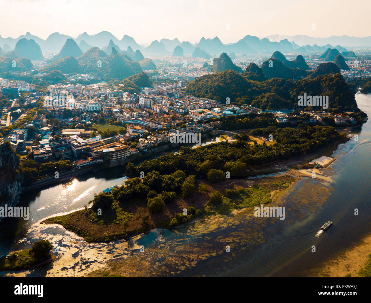 Guilin aerial view with Li river and stunning rock formations in China Stock Photo