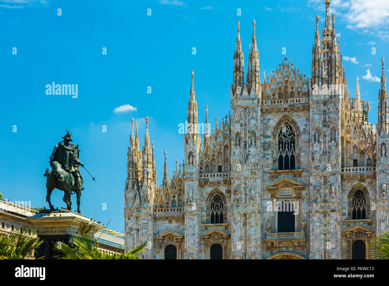 Milan Cathedral and Vittorio Emanuele II statue. Stock Photo