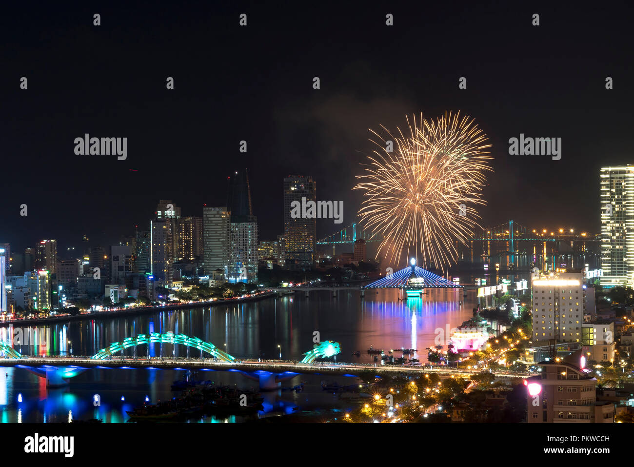 Da Nang international fireworks festival which is held for every year on Han the river in Da Nang city, Vietnam Stock Photo