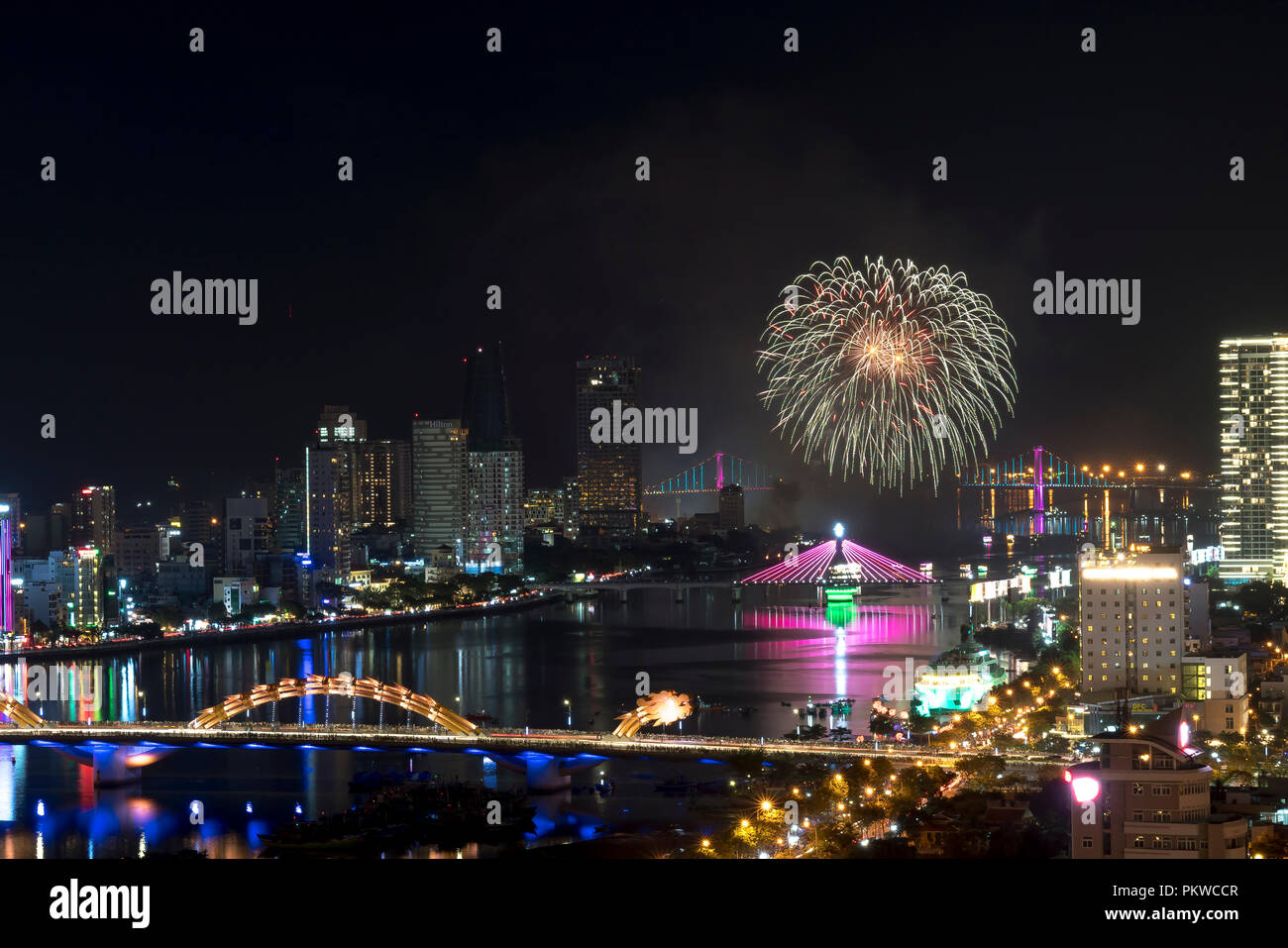 Da Nang international fireworks festival which is held for every year on Han the river in Da Nang city, Vietnam Stock Photo